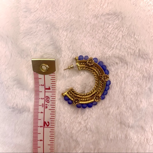 Antiquities Classic Blue Beaded Gold Hoop Earrings Vintage - Picture 6 of 6